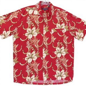 Roper Western Shirt Mens M Red Hawaiian Horseshoe Floral Button Up Cowboy Rodeo